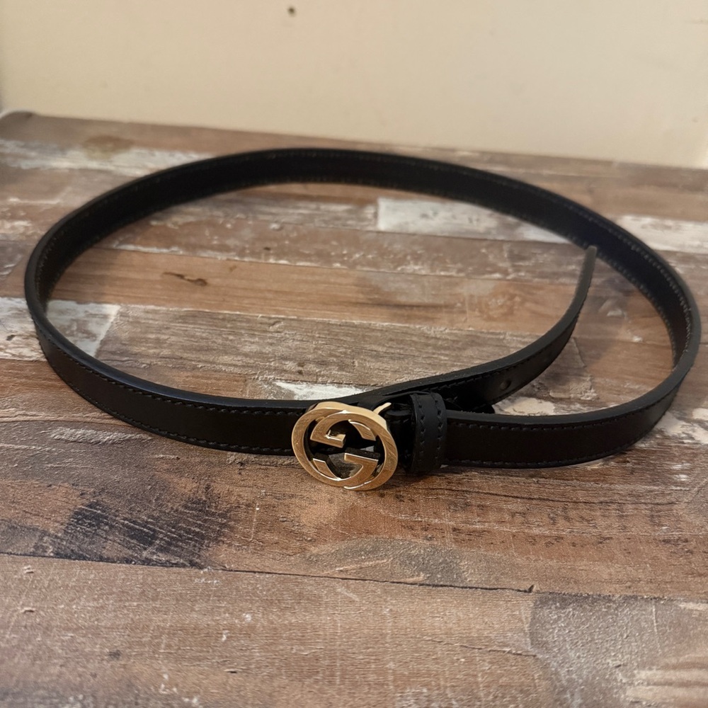 Gucci Black Leather Belt with Gold Interlocking GG Buckle